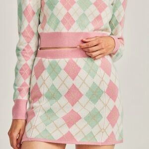 NEW LOVESHACKFANCY MARSEILLE PINK GREEN ARGYLE‎ CASHMERE BLEND MINI SKIRT SZ XS